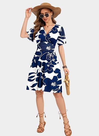 🌸 50% OFF NOW! 🌸Women's Ruffle Sleeve Sexy Sundress Floral V Neck Short Wrap Dress with Pockets