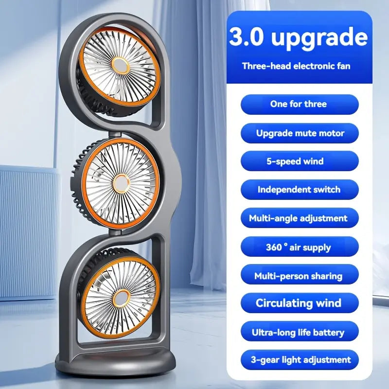 3-Head USB Desk Fan, 720° Air Circulation Cooling Fan with 5-Speed Wind, Ultra-Quiet for Bedroom/Office/Camping, Portable Rechargeable Battery Mini Air Cooler, Perfect Thanksgiving/Christmas/Halloween Gift for Home Travel, Rechargeable Personal Fan