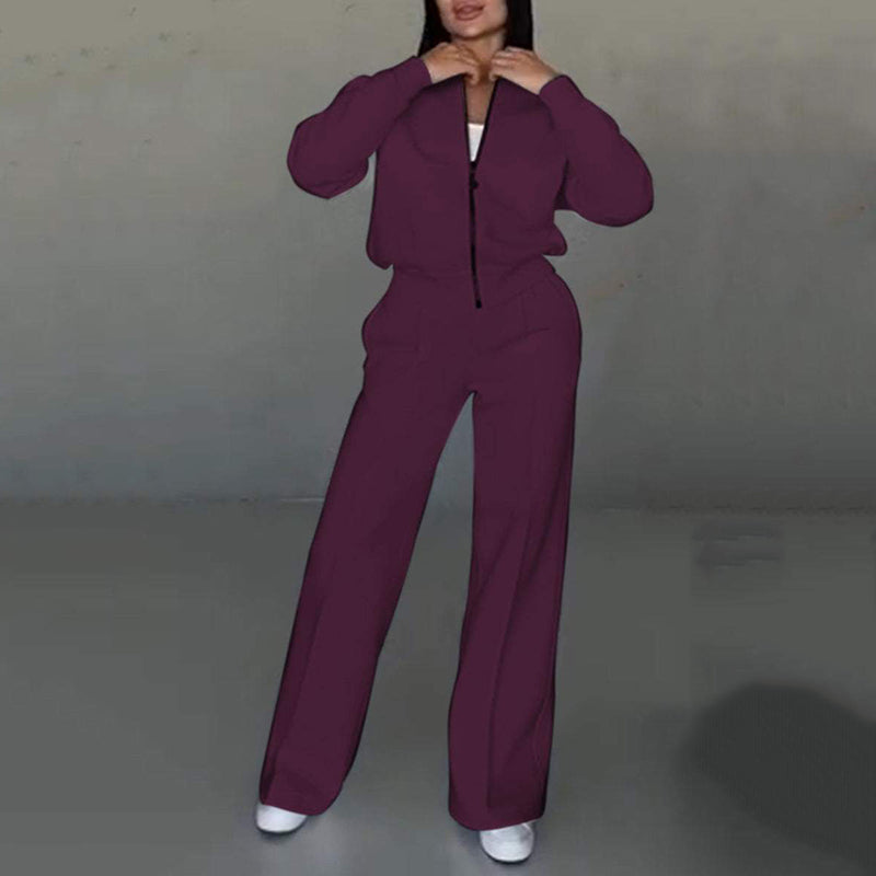 💕Hot Sale 50% OFF💖Women's Two-Piece Relaxed Fit Set - Zippered Jacket and Wide-Leg Pants