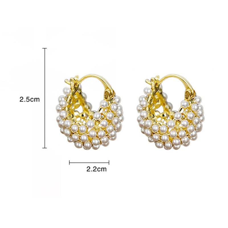 💎 Faux Pearl Basket Hoop Earrings: Gold-Tone, Weave Design, Secure Clasp, French Elegance