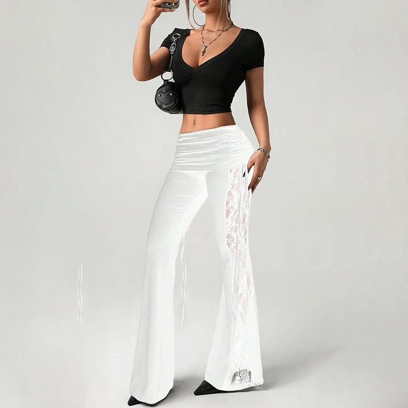 📢📢35% OFF !! ⏰Women's Ruched Lace Panel Flare Pants
