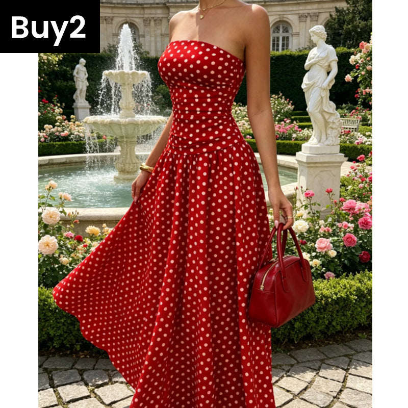 🌸 Women's Fashion Polka Dot Strapless Dress | Sweetheart Neckline, Flirty Print & Perfect for Summer Days & Parties
