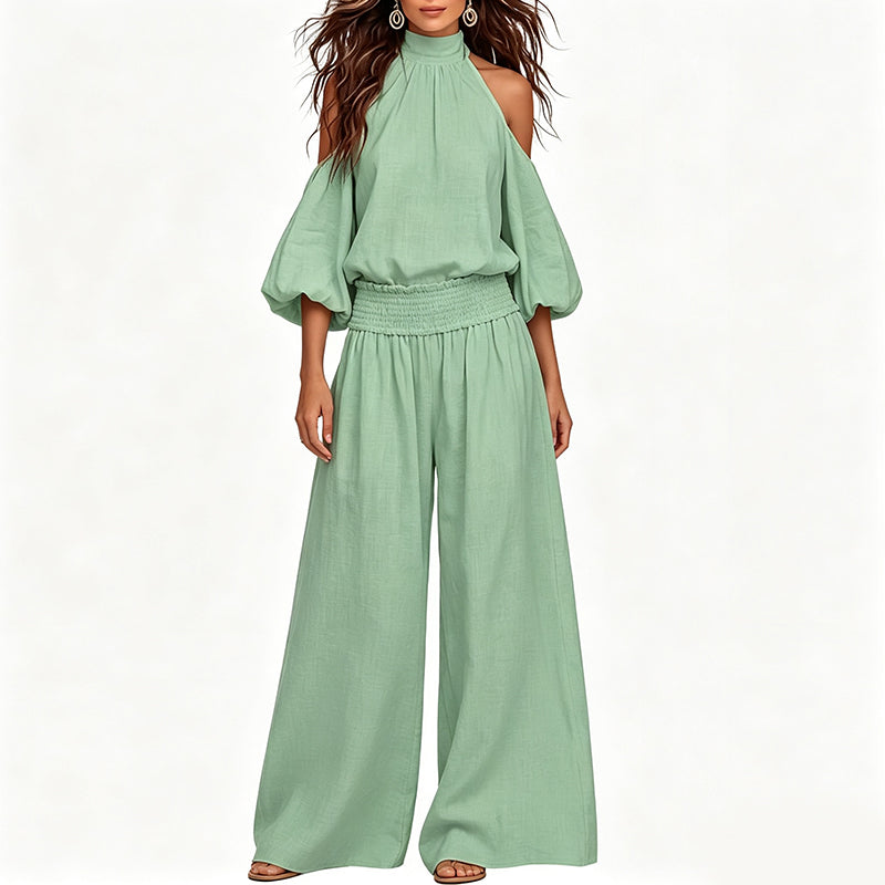 ๐ LIMITED TIME 50% OFF! ๐ธ Women's Cold Shoulder Halter Neck Top & Wide-Leg Trousers Set โ Boho Elegance & Linen-Like Breathability โจ