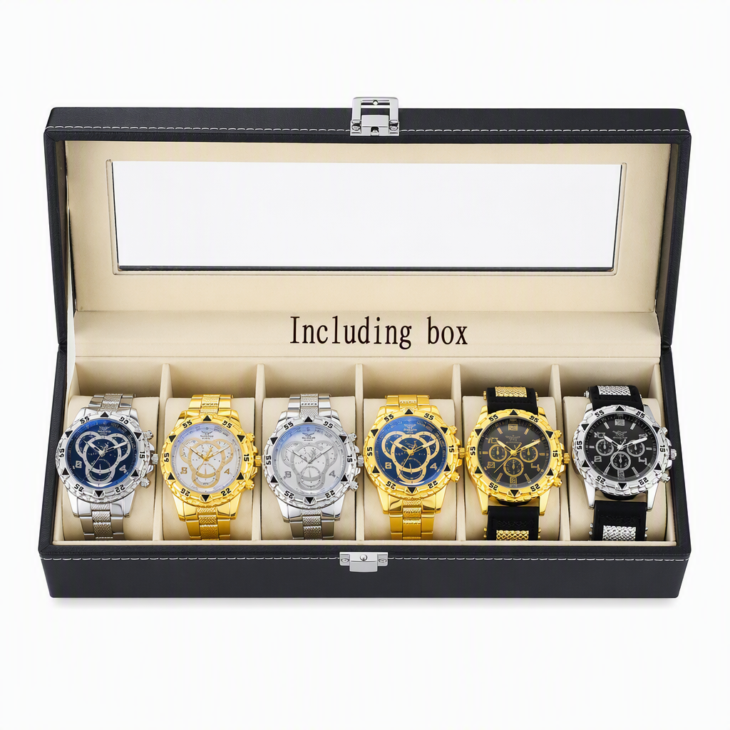 6 Piece Men's Watch Set with Steel Band Fashion Watches in a Gift Box