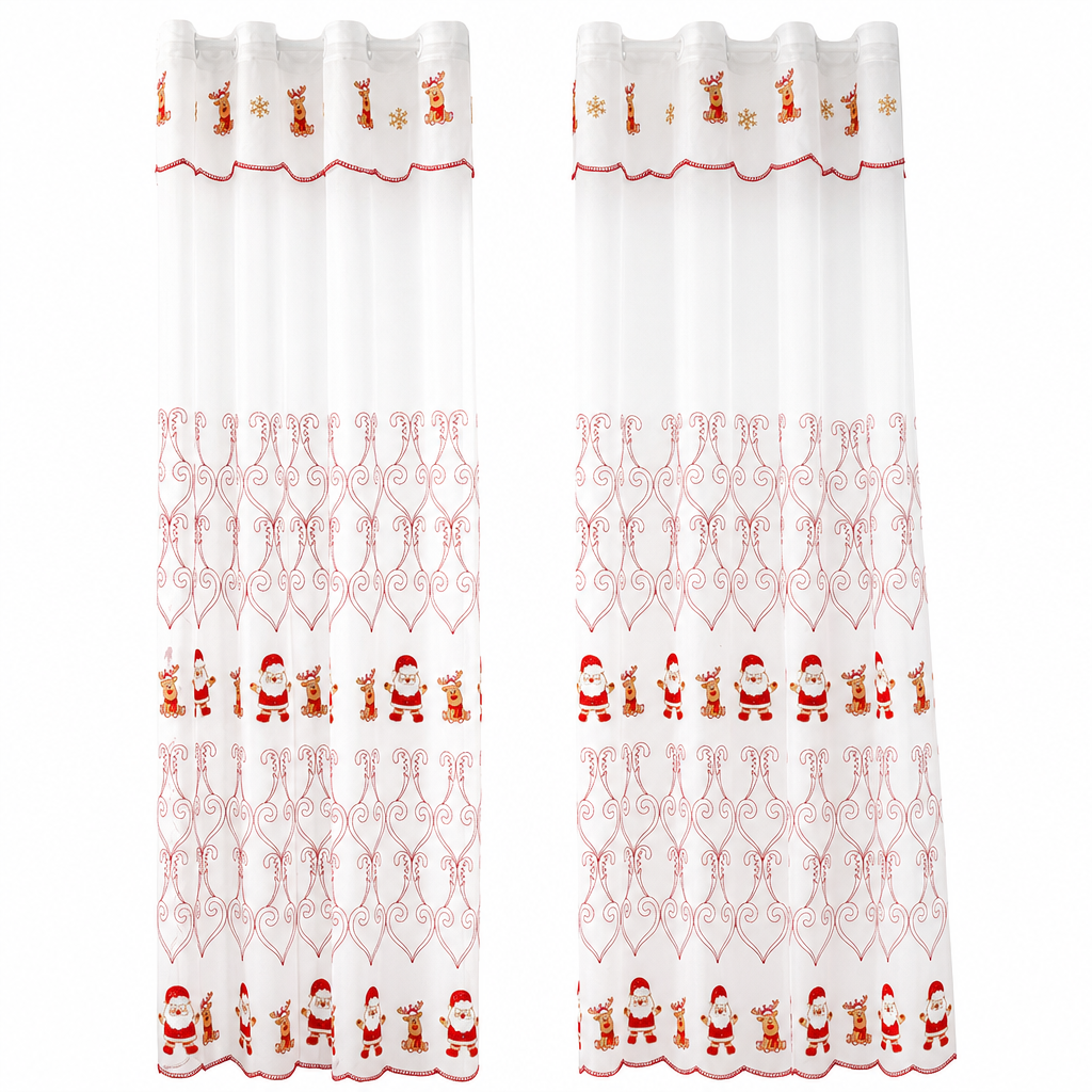 Christmas Embroidered Sheer Window Curtain Panel with Snowflake and Bell Patterns