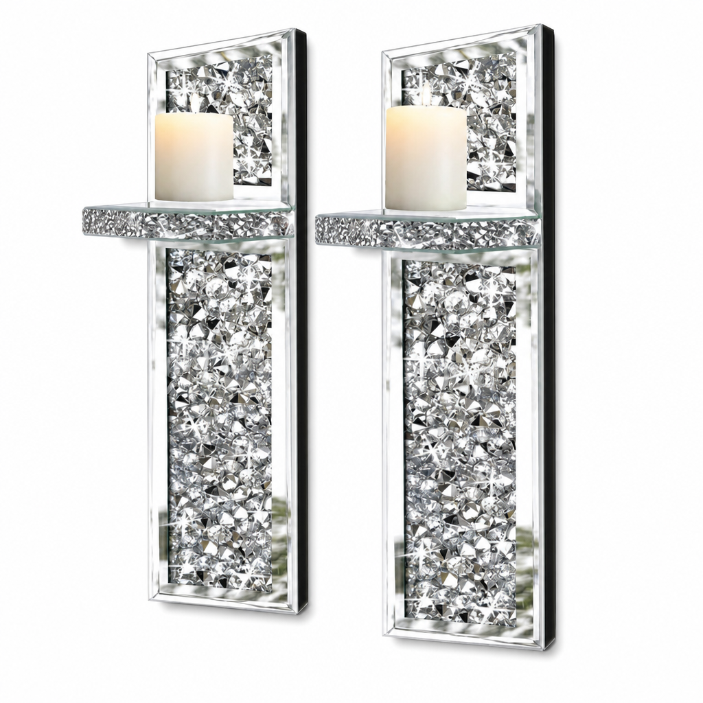 Set of 2 Silver Mirrored Crystal Candle Holders with Acrylic Crushed Diamonds for Living Room Dining Room Home Decor