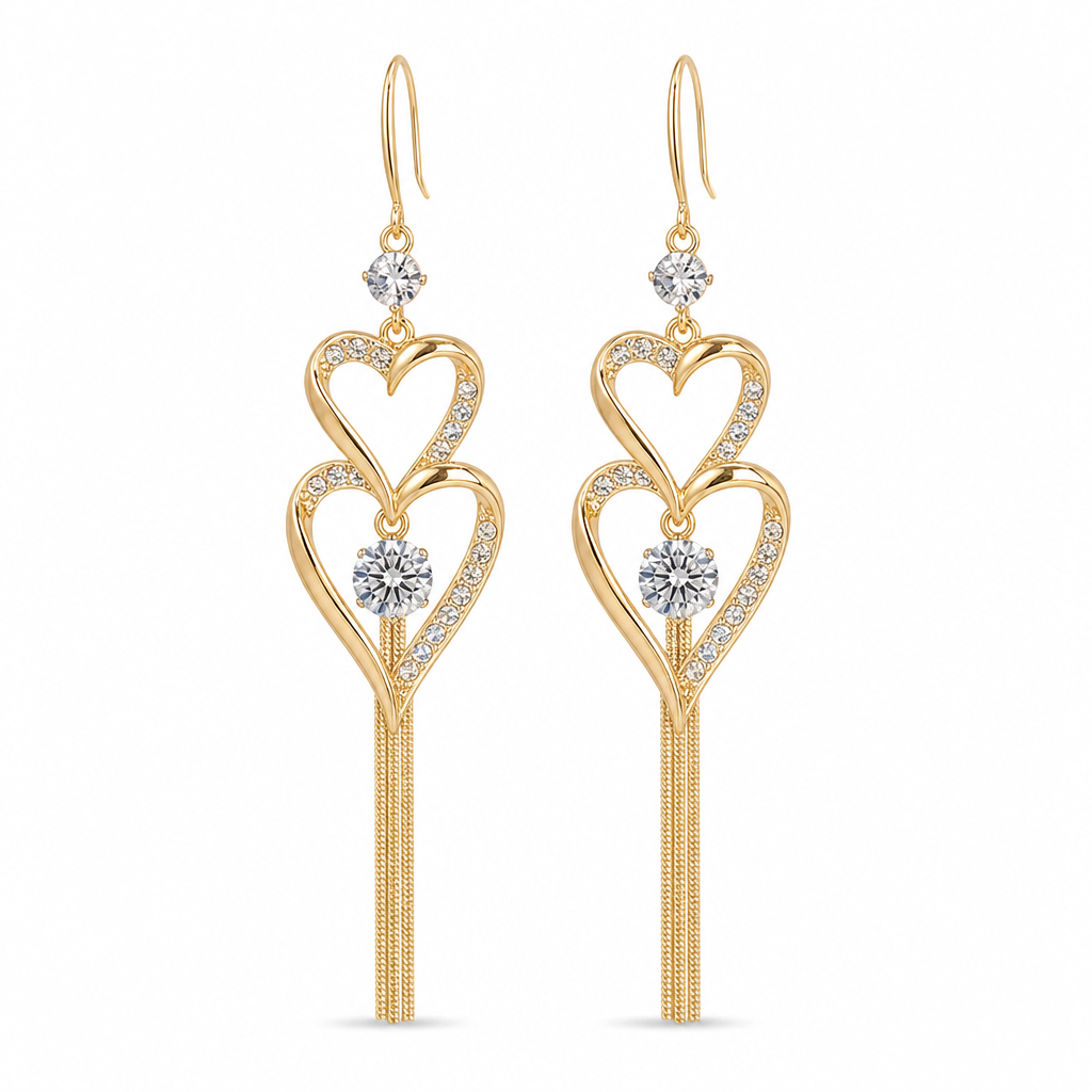 💫Elegant Gold Double Layer Heart Tassel Drop Earrings with Rhinestones for Women💎