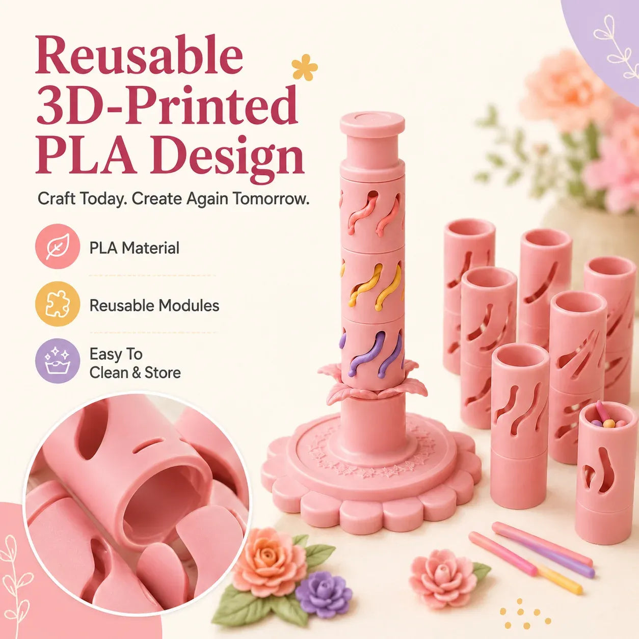 ⏳50% OFF – 🌸 Beginner-Friendly Clay Bloom Maker Set | Reusable 3D-Printed Flower Shaping Tool with Interchangeable Sleeves & 24-Color Modeling Clay Included ✨