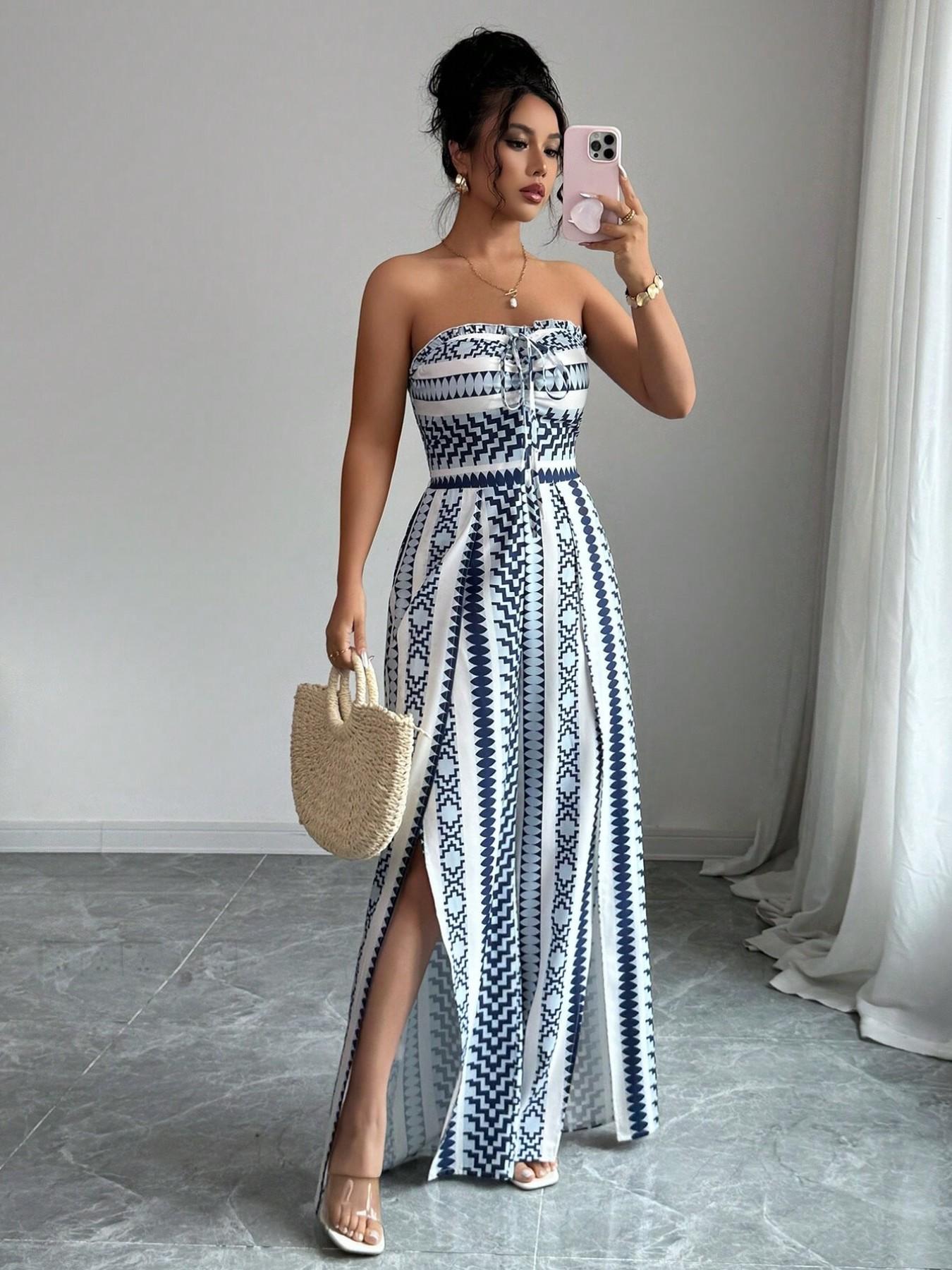 🎁New Arrival 50% OFF💥 Geometric Jumpsuit with Halter Neckline & Side Slit – Unique Print, Elegant Fit, Versatile Style ✨