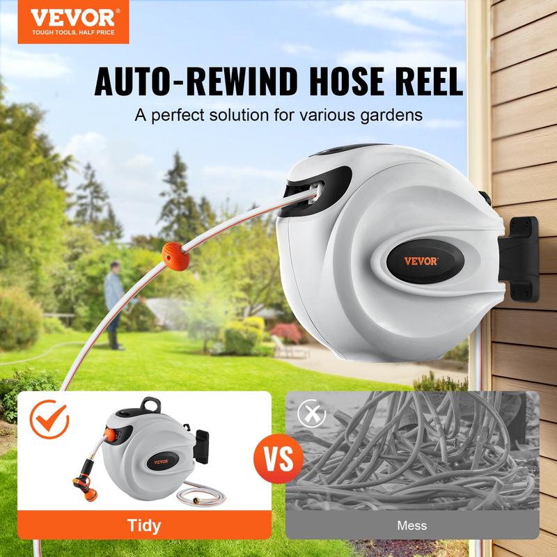 🔥VEVOR Retractable Hose Reel – 65–130 FT, Auto Rewind, 9‑Pattern Nozzle, Wall Mount