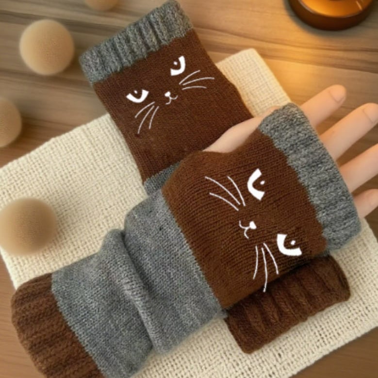 ⚡⚡Christmas Hot Sale 50% OFF!🔥Warm and Cuddly🧤Women's Knitted Fingerless Gloves with Cute Cat Pattern🐱