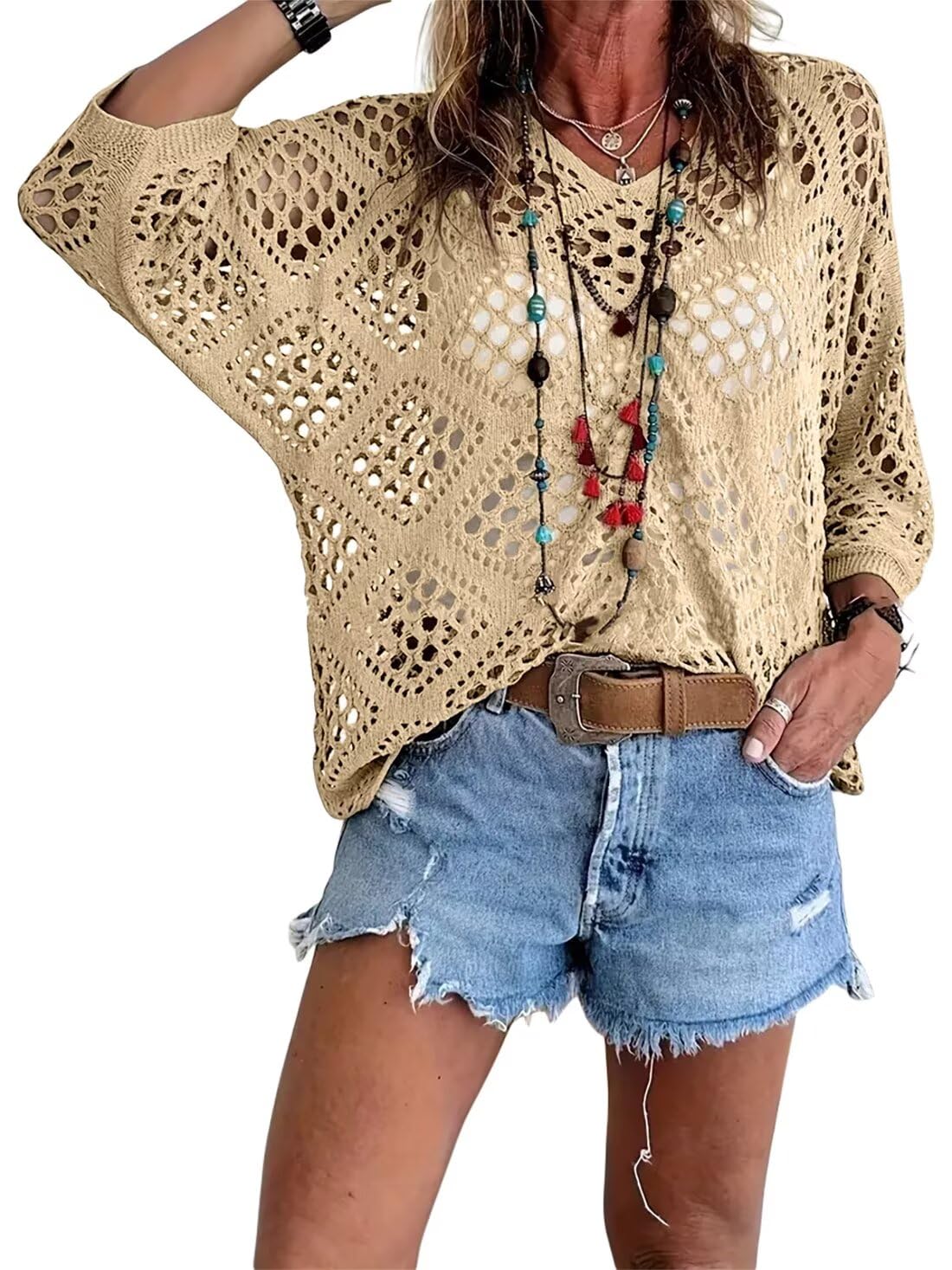 🔥Summer Hot Sale-50% Off!!💕Womens Bohemian-Inspired Beige Crochet Top with V-Neck