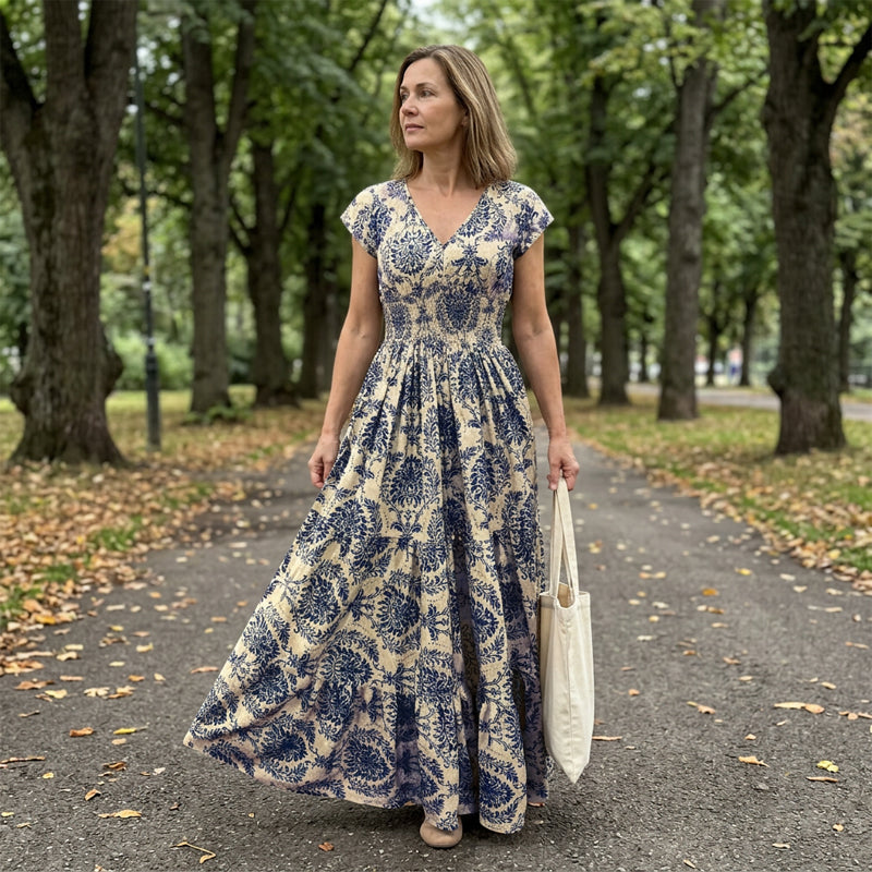 👗 New Arrival 56% OFF🦋Women's V-Neck Floral Smocked Maxi Dress – Elegant, Bohemian, Lightweight