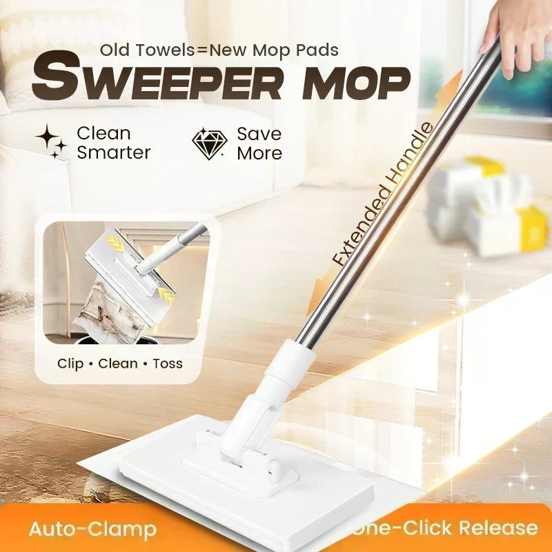 🧹50% OFF NOW! Auto-Clamp Flat Mop with Stainless Steel Extended Handle – One-Click Release Floor Mop, Works With Old Towels, Reusable Mop for Household Hard Surface Cleaning