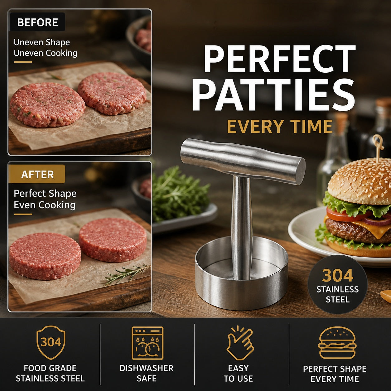 🍔 Perfectly Pressed Patties Every Time – 304 Stainless Steel Burger Maker. 50% Off. UK Stock
