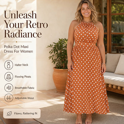 👗 LIMITED-TIME 50% OFF! ✨ Polka Dot Halter Neck Dress – Flowy, Flattering, Retro-Chic 🌼