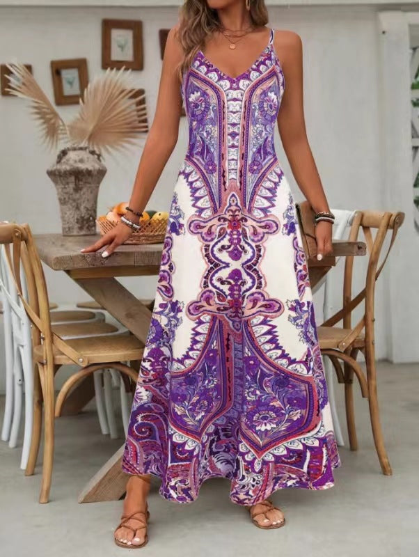 📢📢60% OFF !! ⏰Women’s Retro Print V-Neck Sleeveless Maxi Dress