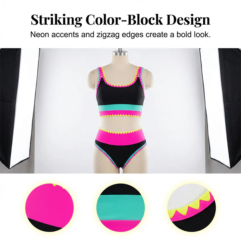 ⏳🔥50% OFF & Free Shipping🔥 ⏰Color Block Patchwork Nylon Sporty 3-Piece Bikini Set - High Waisted & Tummy Control Swimsuit👙🌈