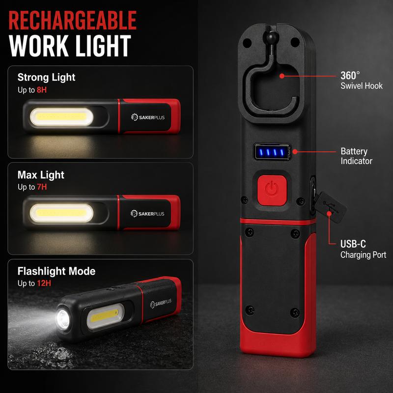 🔥 Rechargeable Work Light, 3000LM COB LED Magnetic Mechanic Light with 360° Swivel Hook, 180° Adjustable Stand, Flashlight Mode, USB-C Charging, IP54 Water-Resistant for Car Repair, Garage & Camping