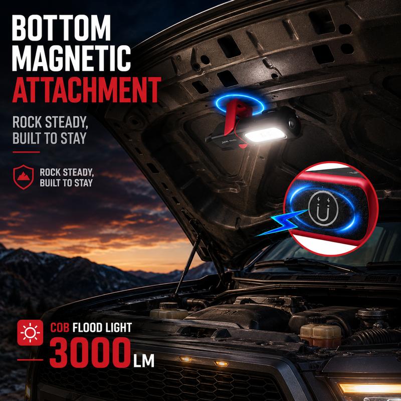 🔥 Rechargeable Work Light, 3000LM COB LED Magnetic Mechanic Light with 360° Swivel Hook, 180° Adjustable Stand, Flashlight Mode, USB-C Charging, IP54 Water-Resistant for Car Repair, Garage & Camping