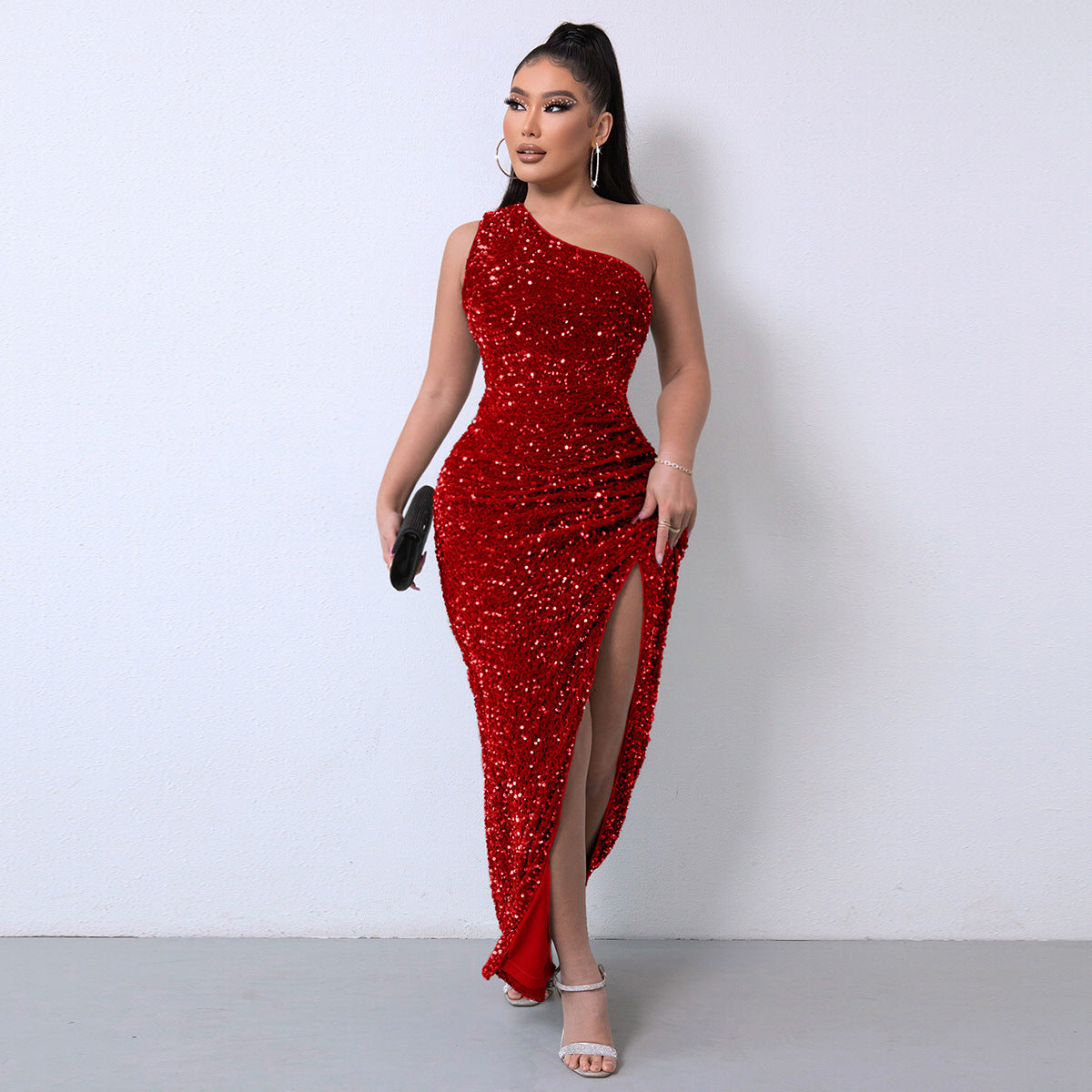 💃LAST DAY SALE 50% OFF!!💋Women's Glitter Sequins One Shoulder Ruched Split Thigh Bodycon Dress