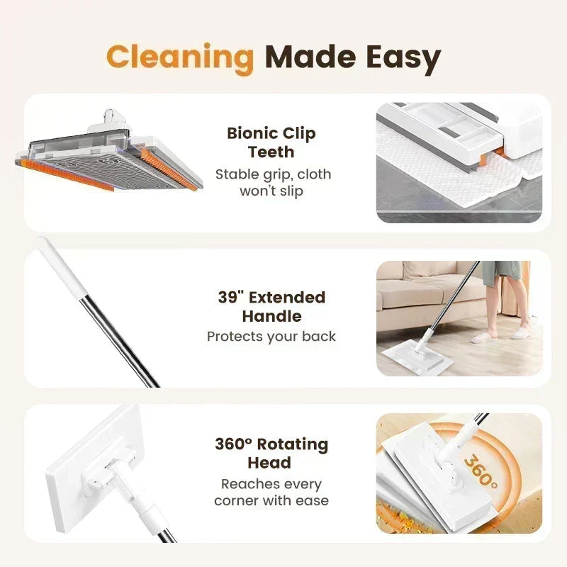 🧹50% OFF NOW! Auto-Clamp Flat Mop with Stainless Steel Extended Handle – One-Click Release Floor Mop, Works With Old Towels, Reusable Mop for Household Hard Surface Cleaning