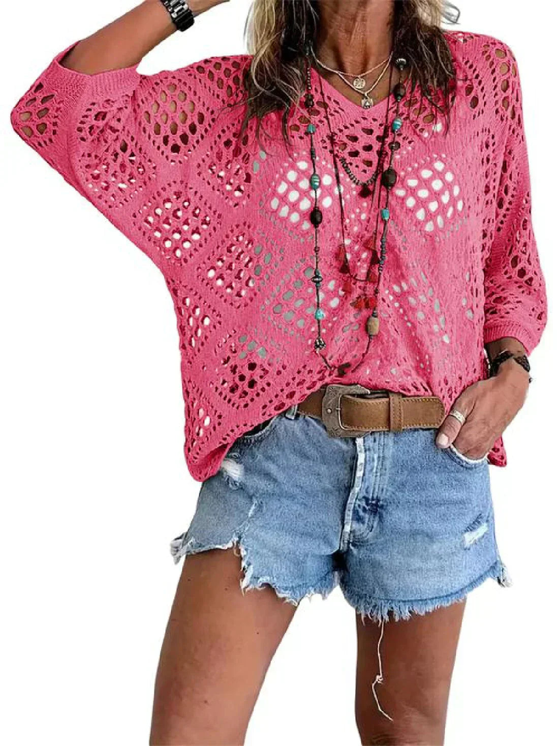🔥Summer Hot Sale-50% Off!!💕Womens Bohemian-Inspired Beige Crochet Top with V-Neck