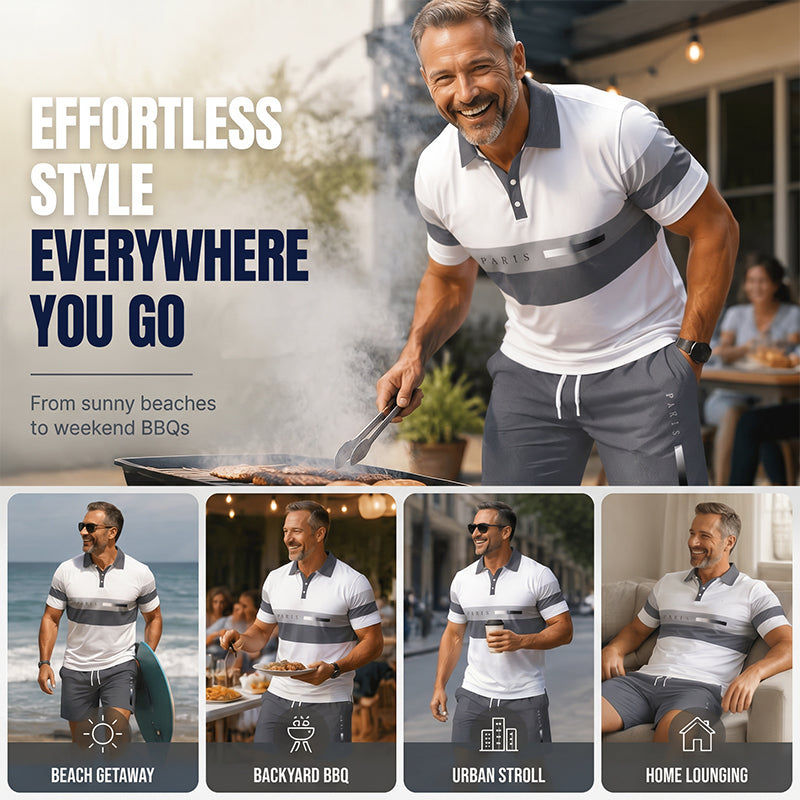 🔥Men's Short Sleeve Casual Set, Summer Beach Fashion Sport Wear, Plaid Pattern, Slim-Fitting, Above the Knee