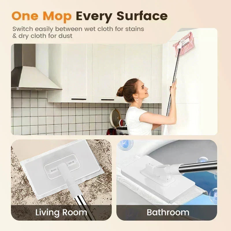 🧹50% OFF NOW! Auto-Clamp Flat Mop with Stainless Steel Extended Handle – One-Click Release Floor Mop, Works With Old Towels, Reusable Mop for Household Hard Surface Cleaning