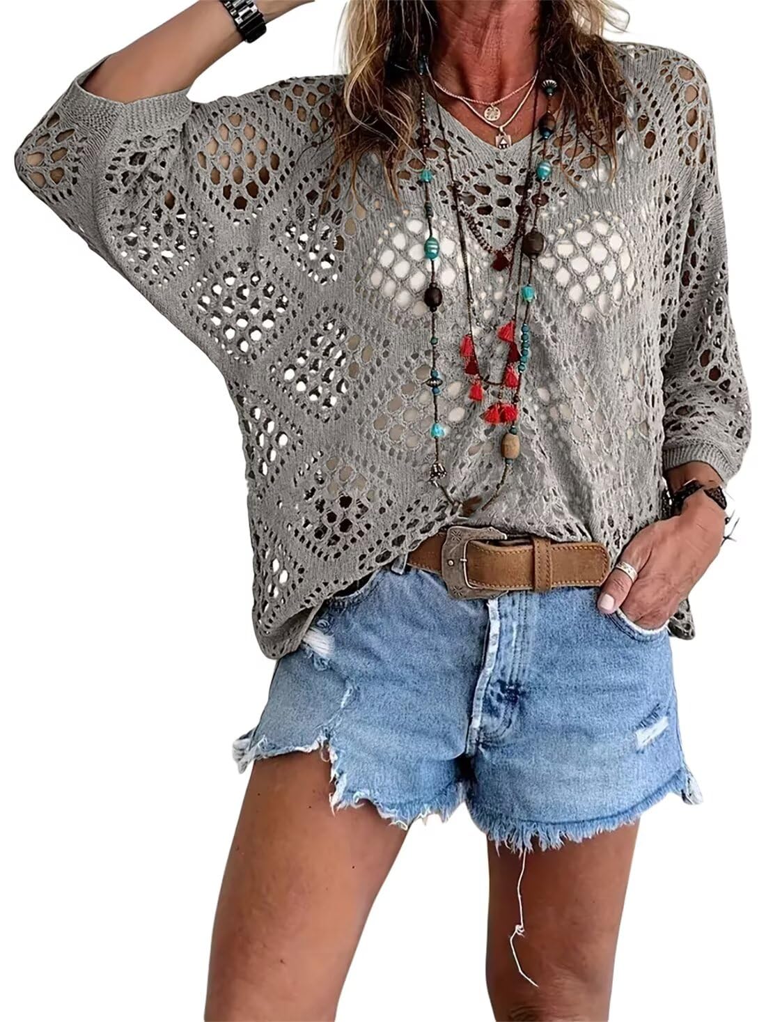 🔥Summer Hot Sale-50% Off!!💕Womens Bohemian-Inspired Beige Crochet Top with V-Neck