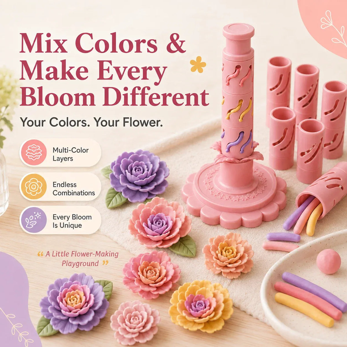 ⏳50% OFF – 🌸 Beginner-Friendly Clay Bloom Maker Set | Reusable 3D-Printed Flower Shaping Tool with Interchangeable Sleeves & 24-Color Modeling Clay Included ✨