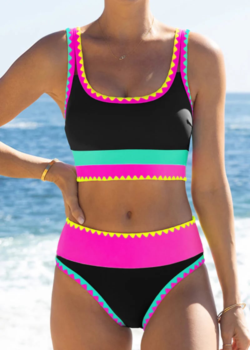 ⏳🔥50% OFF & Free Shipping🔥 ⏰Color Block Patchwork Nylon Sporty 3-Piece Bikini Set - High Waisted & Tummy Control Swimsuit👙🌈