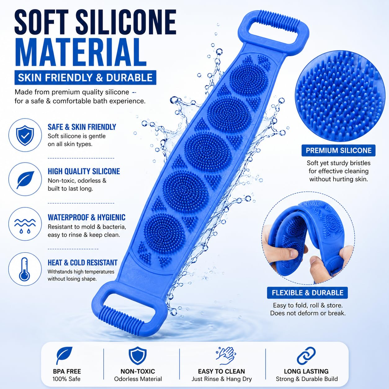 🧼Silicone Back Scrubber for Bath, Double-Sided Body Exfoliating Bath Brush with Soft Silicone Bristles