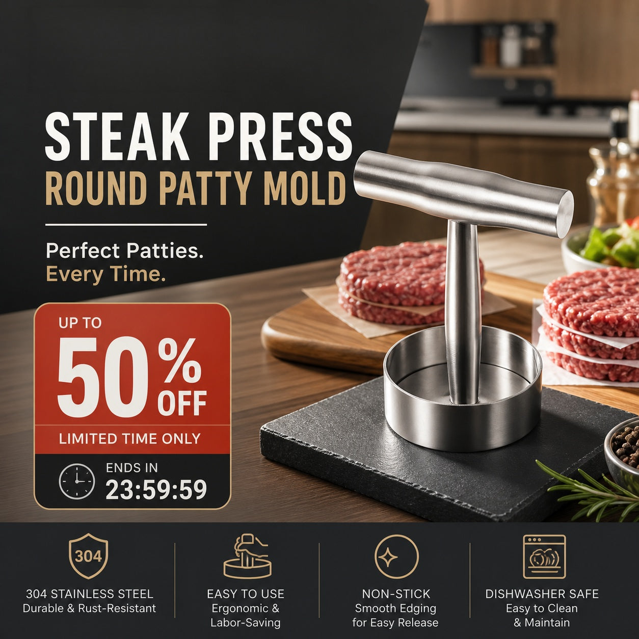 🍔 Perfectly Pressed Patties Every Time – 304 Stainless Steel Burger Maker. 50% Off. UK Stock