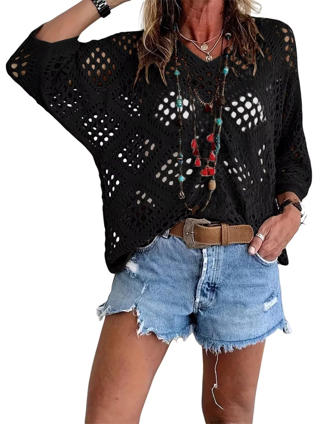 🔥Summer Hot Sale-50% Off!!💕Womens Bohemian-Inspired Beige Crochet Top with V-Neck