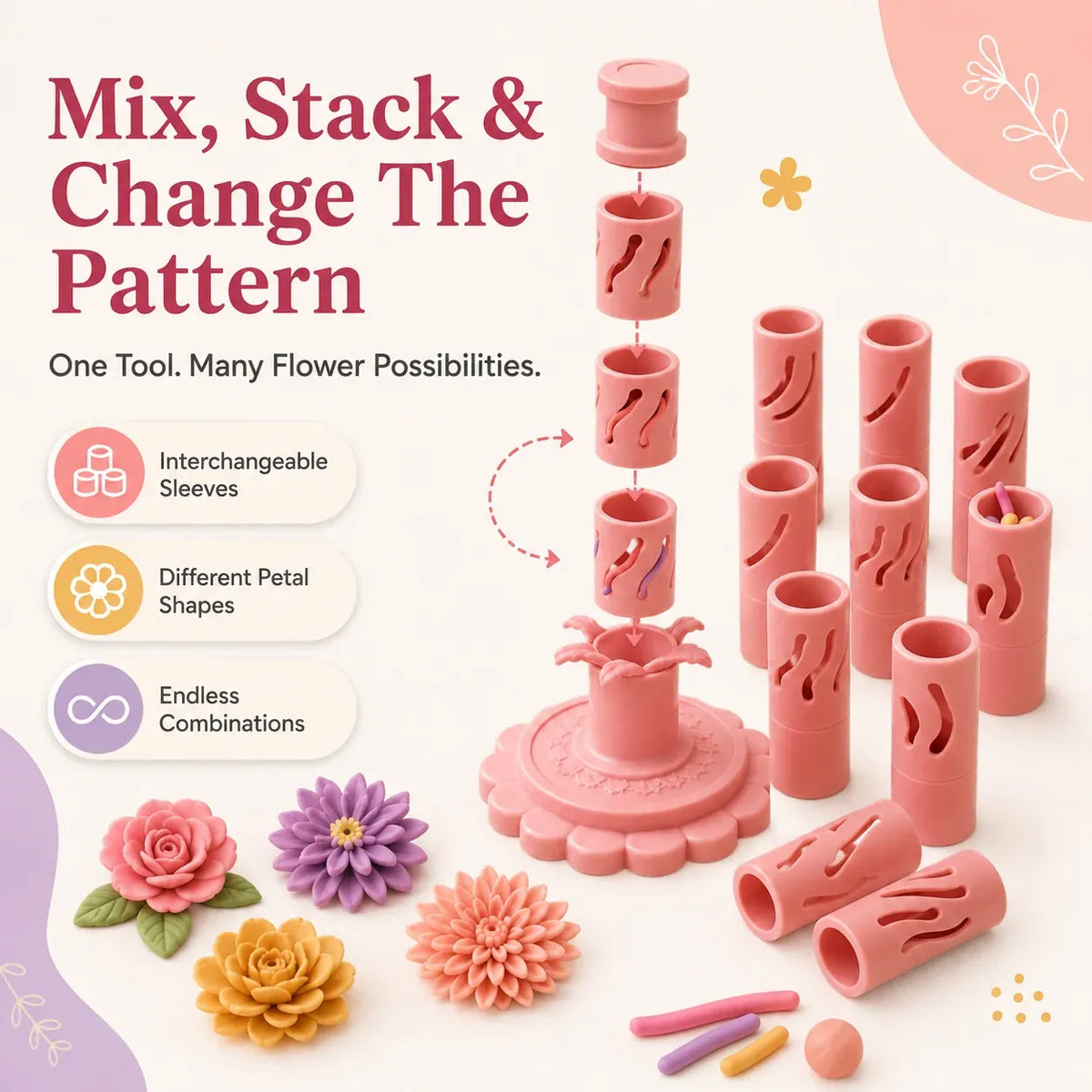 ⏳50% OFF – 🌸 Beginner-Friendly Clay Bloom Maker Set | Reusable 3D-Printed Flower Shaping Tool with Interchangeable Sleeves & 24-Color Modeling Clay Included ✨