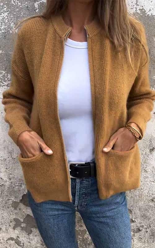 🔥HOT SALE - Round Neck Zipper Knitted Jacket