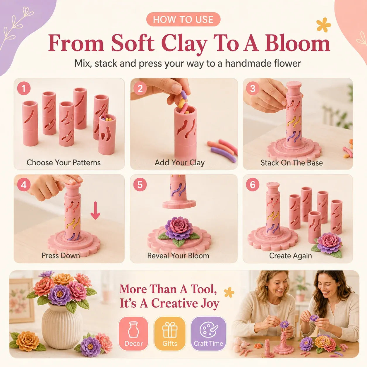 ⏳50% OFF – 🌸 Beginner-Friendly Clay Bloom Maker Set | Reusable 3D-Printed Flower Shaping Tool with Interchangeable Sleeves & 24-Color Modeling Clay Included ✨