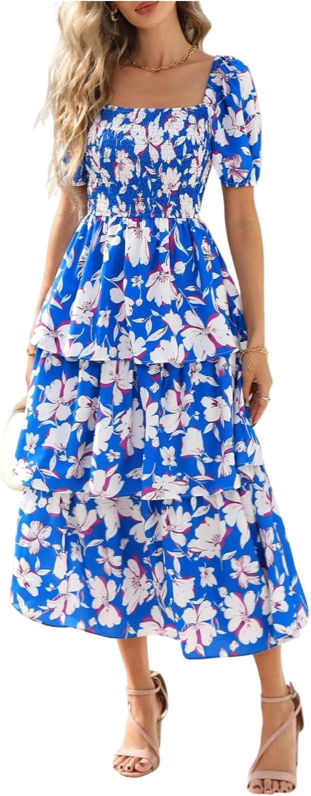 ⏰Summer Hot Sale 50% OFF💃Women's Floral Square Neck Puff Short Sleeve Smocked Tiered Dress