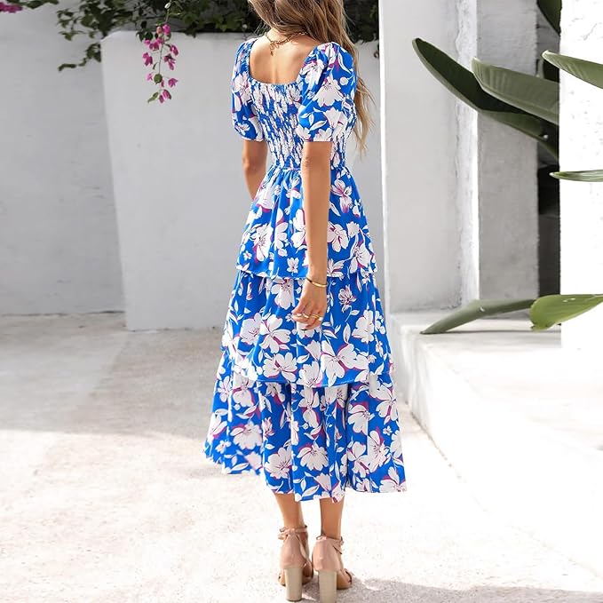 ⏰Summer Hot Sale 50% OFF💃Women's Floral Square Neck Puff Short Sleeve Smocked Tiered Dress