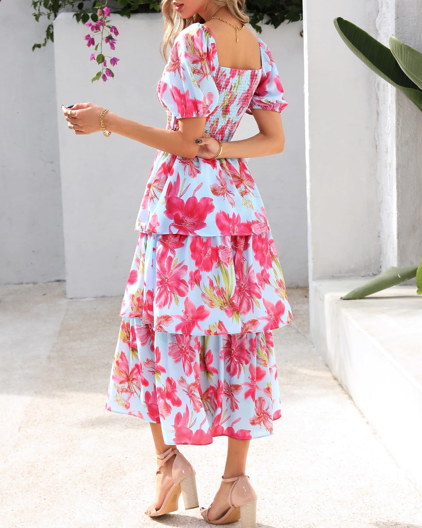 ⏰Summer Hot Sale 50% OFF💃Women's Floral Square Neck Puff Short Sleeve Smocked Tiered Dress