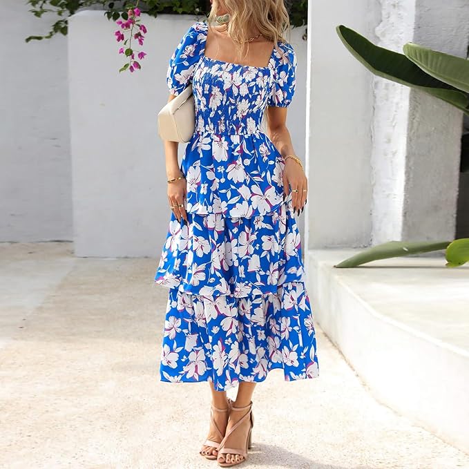 ⏰Summer Hot Sale 50% OFF💃Women's Floral Square Neck Puff Short Sleeve Smocked Tiered Dress