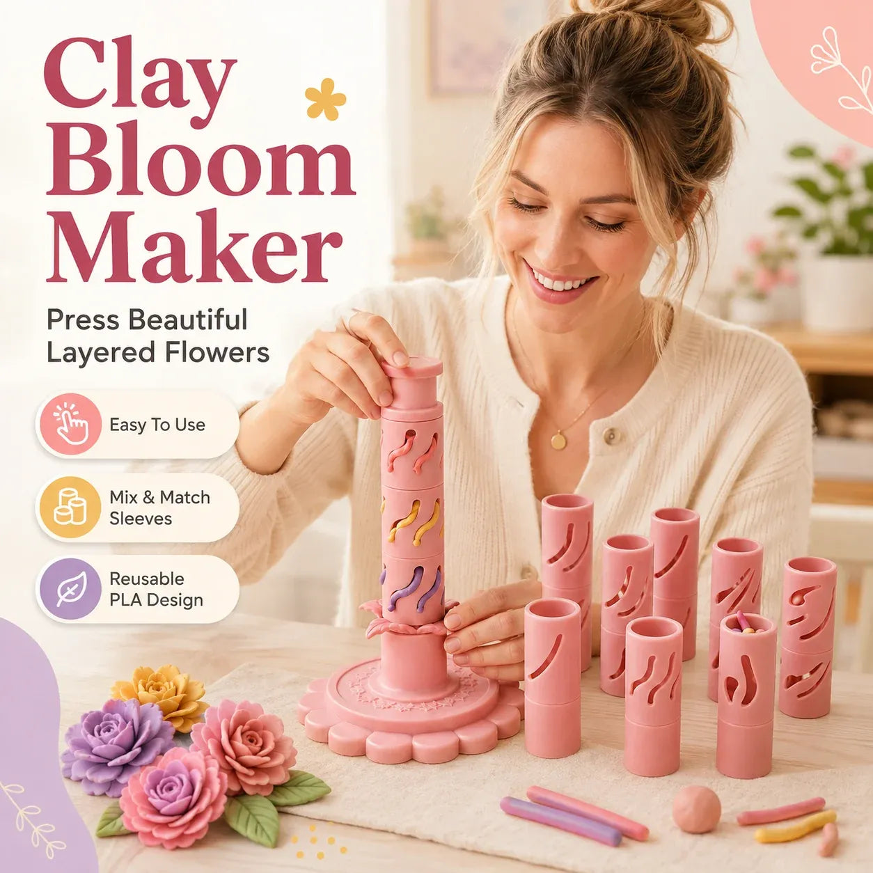 ⏳50% OFF – 🌸 Beginner-Friendly Clay Bloom Maker Set | Reusable 3D-Printed Flower Shaping Tool with Interchangeable Sleeves & 24-Color Modeling Clay Included ✨