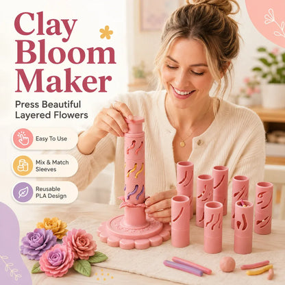 ⏳50% OFF – 🌸 Beginner-Friendly Clay Bloom Maker Set | Reusable 3D-Printed Flower Shaping Tool with Interchangeable Sleeves & 24-Color Modeling Clay Included ✨