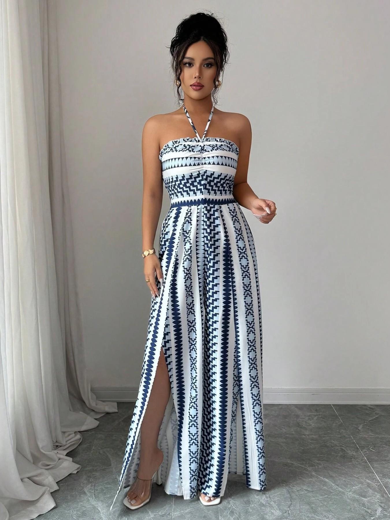 🎁New Arrival 50% OFF💥 Geometric Jumpsuit with Halter Neckline & Side Slit – Unique Print, Elegant Fit, Versatile Style ✨