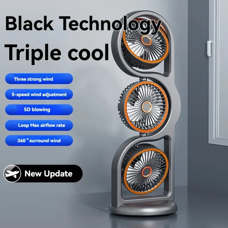 3-Head USB Desk Fan, 720° Air Circulation Cooling Fan with 5-Speed Wind, Ultra-Quiet for Bedroom/Office/Camping, Portable Rechargeable Battery Mini Air Cooler, Perfect Thanksgiving/Christmas/Halloween Gift for Home Travel, Rechargeable Personal Fan