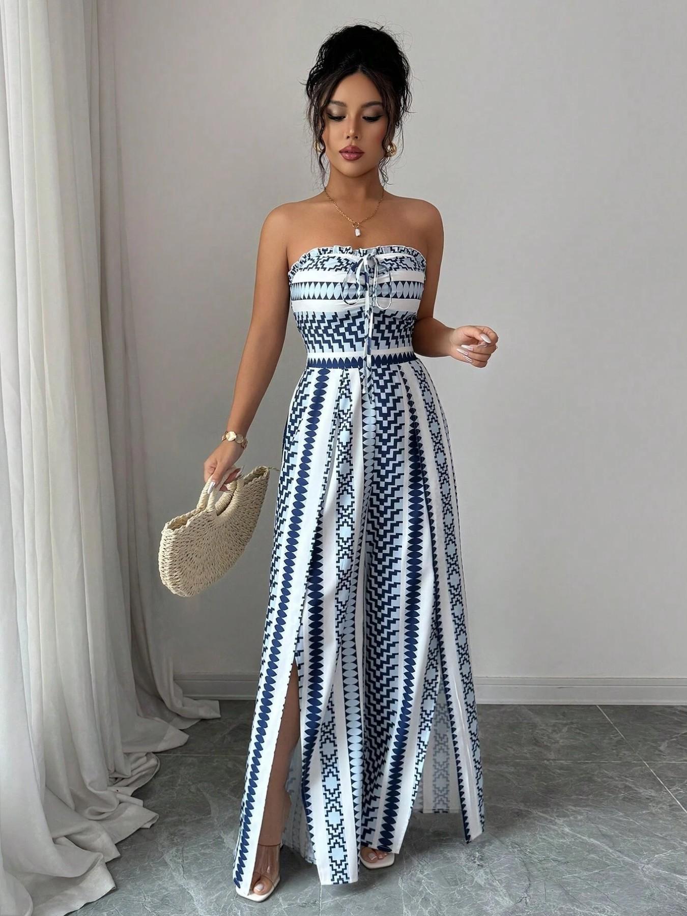 🎁New Arrival 50% OFF💥 Geometric Jumpsuit with Halter Neckline & Side Slit – Unique Print, Elegant Fit, Versatile Style ✨