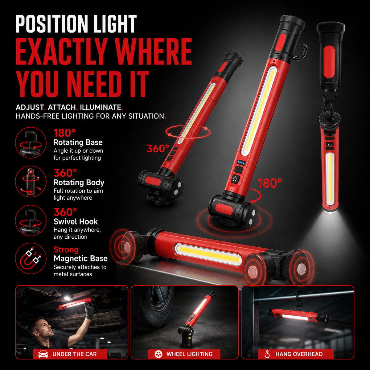 Rechargeable LED Work Light – 3000LM Magnetic Portable Shop Light with 360° Rotation & Power Bank Function 🔦