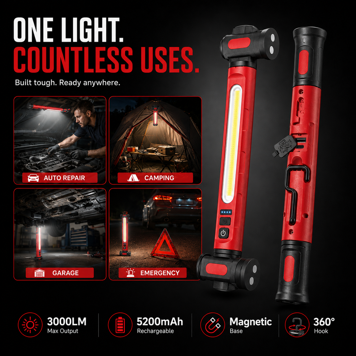 Rechargeable LED Work Light – 3000LM Magnetic Portable Shop Light with 360° Rotation & Power Bank Function 🔦