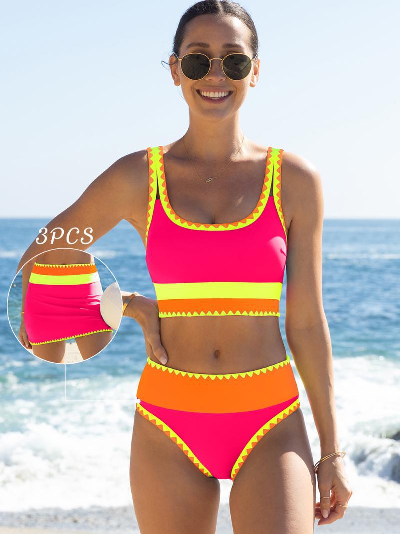 ⏳🔥50% OFF & Free Shipping🔥 ⏰Color Block Patchwork Nylon Sporty 3-Piece Bikini Set - High Waisted & Tummy Control Swimsuit👙🌈